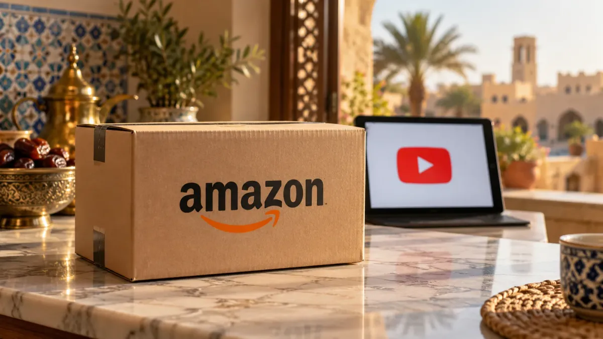 YouTube and Amazon logo, editorial illustration