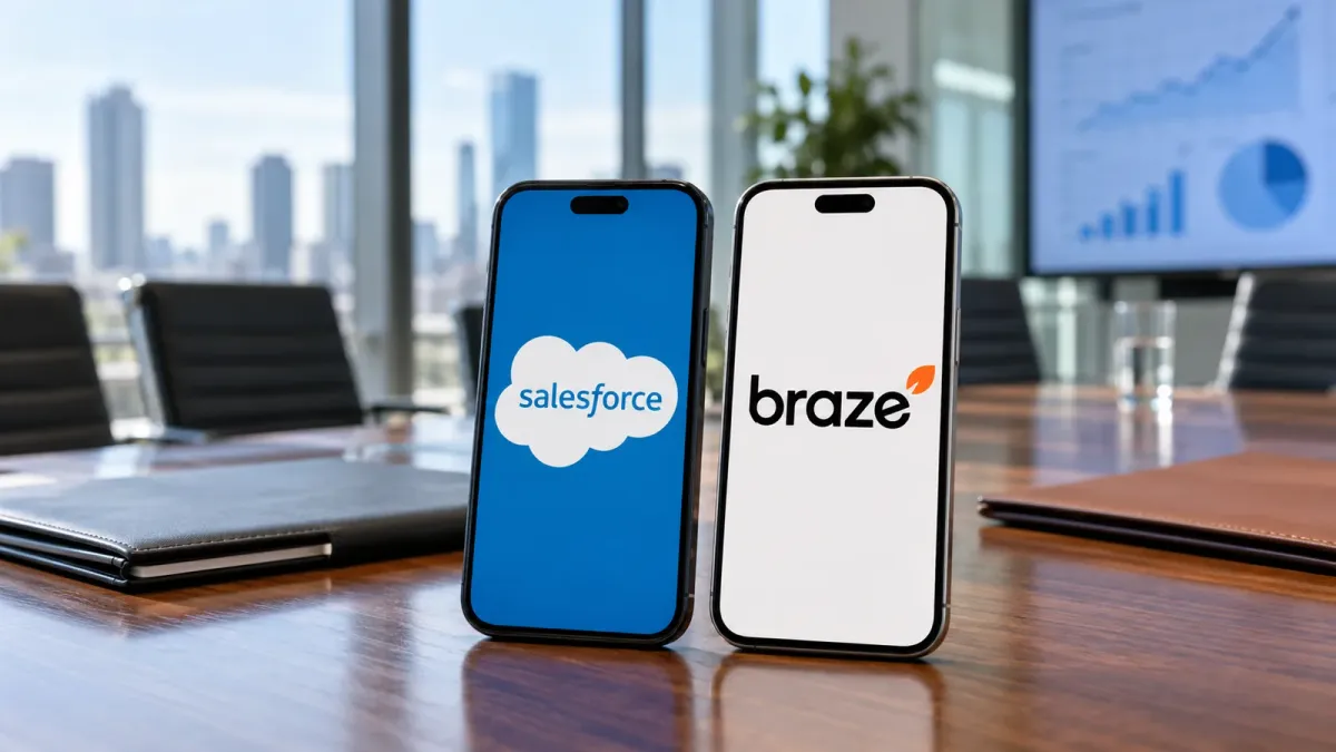 Salesforce and Braze logo, editorial illustration