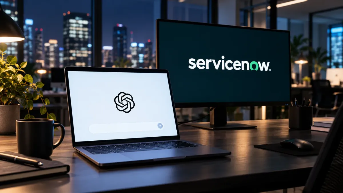 ServiceNow and OpenAI logo, editorial illustration