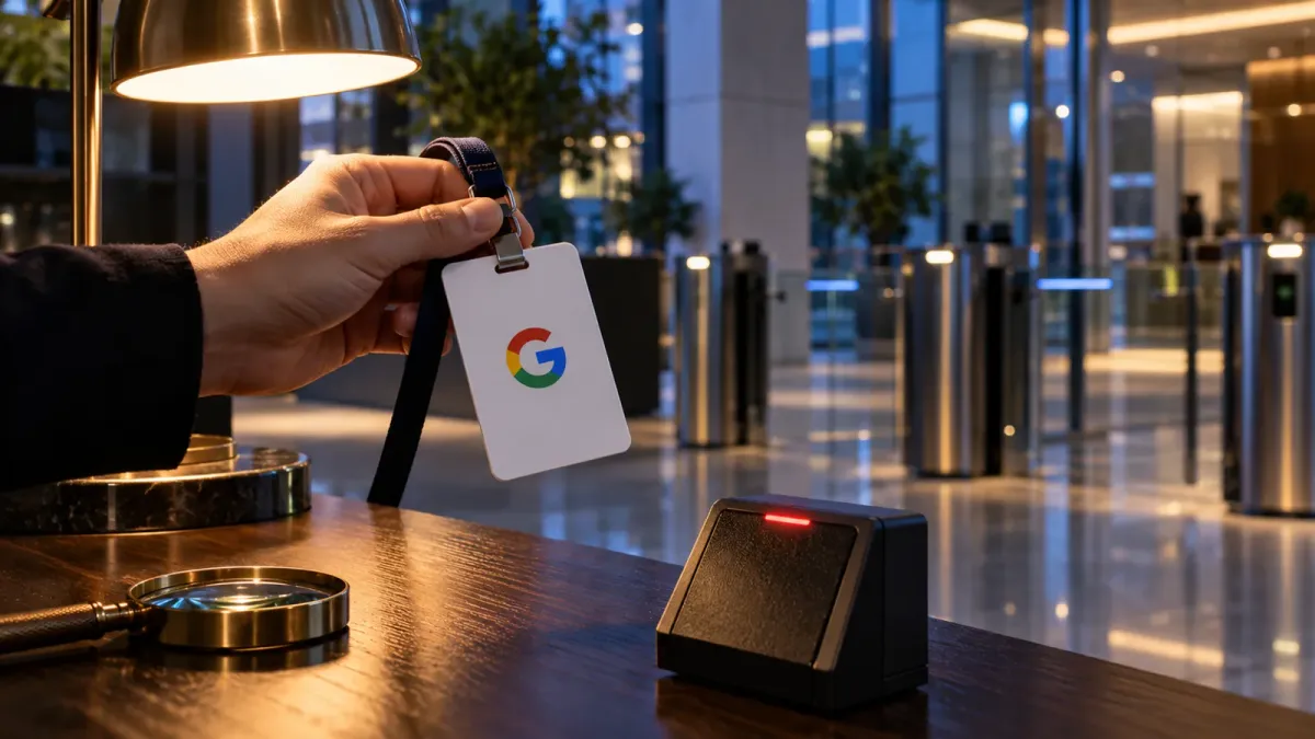A hand holds a Google ID badge at a lobby security desk, beside a magnifying glass and a badge reader with a red light