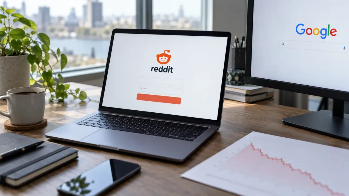 Reddit and Google logo, editorial illustration