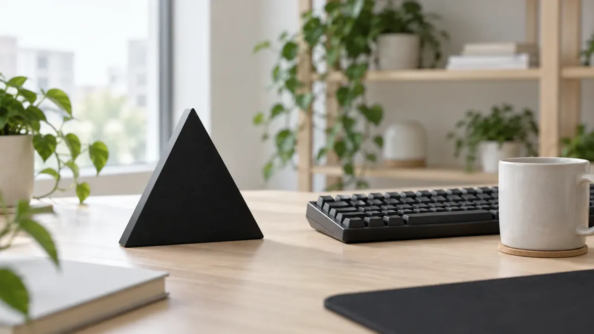 A matte black Vercel triangle block on a birch desk beside a black keyboard and a white mug, plants on shelves behind
